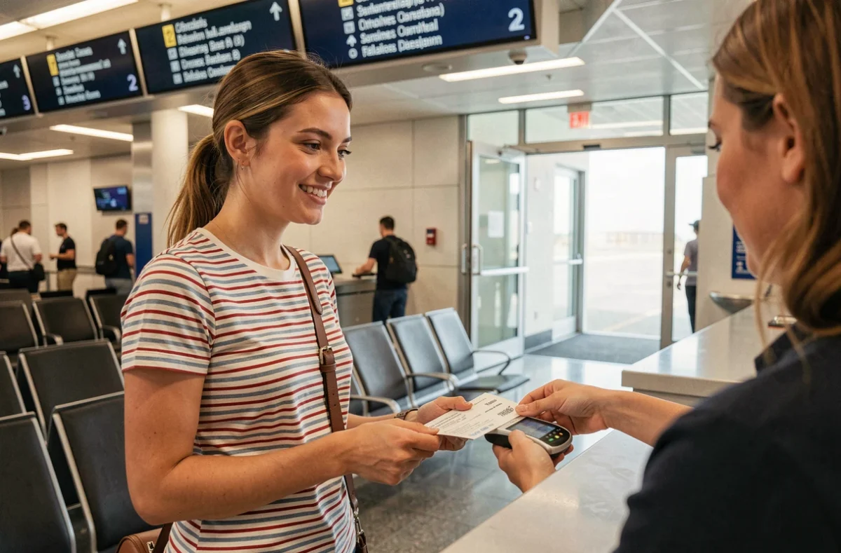 Voyageuse présentant sa carte d'embarquement papier à un agent lors de l'embarquement à la porte d'aéroport