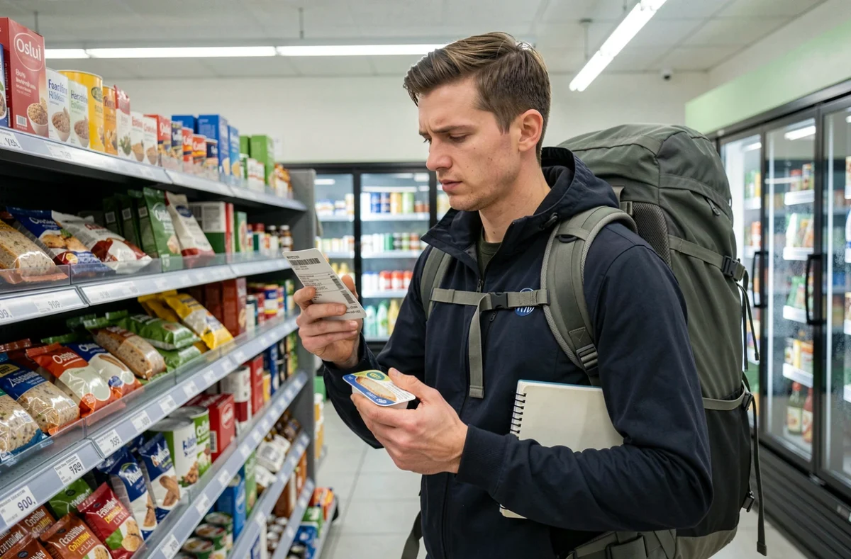 Voyageur en sac à dos comparant les prix dans un supermarché d'Oslo, illustrant le coût élevé de la vie quotidienne en Norvège