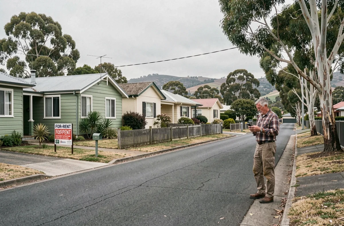 Quartier résidentiel abordable à Hobart en Tasmanie avec des maisons modestes et un homme consultant une annonce de location