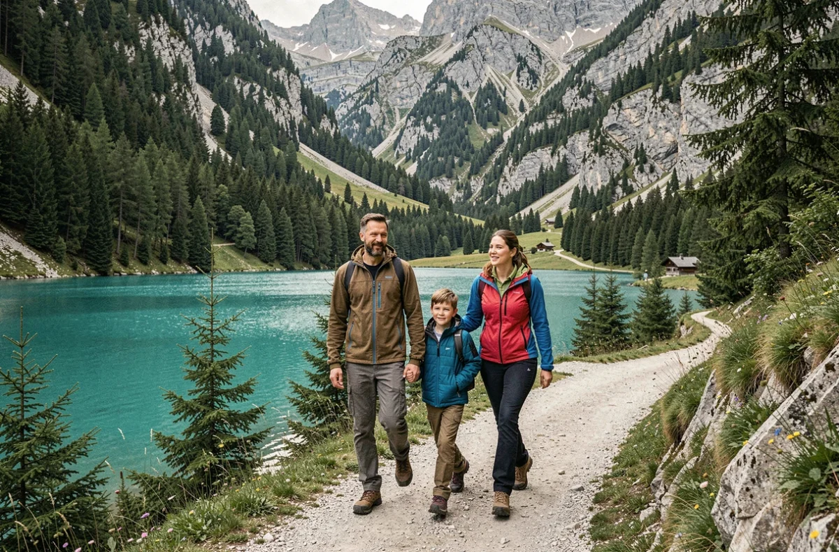 Famille slovène en randonnée au bord du lac Bohinj dans le parc national du Triglav, reflet de la nature préservée et du cadre de vie en Slovénie
