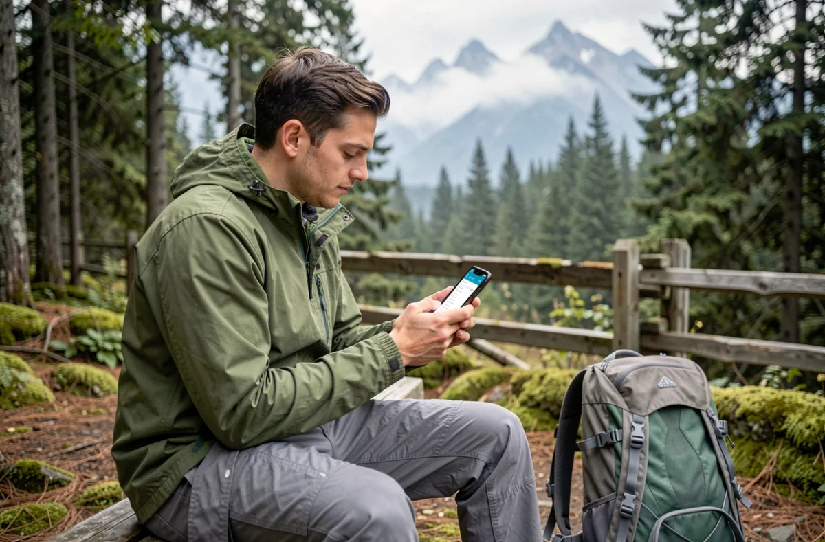 Randonneur consultant une application d'assurance voyage sur son téléphone dans un parc national canadien