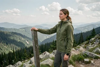 Femme randonneuse observant une vallée forestière depuis un sentier de montagne lors d'une activité de plein air en nature
