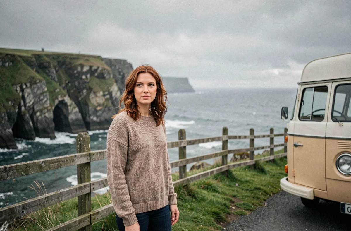 Femme devant un camping-car vintage sur une route côtière irlandaise lors d'un road trip en Europe