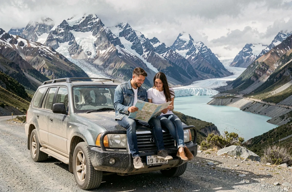 Couple assis sur le capot d'un SUV en Nouvelle-Zélande face à un panorama de montagne lors d'un road trip