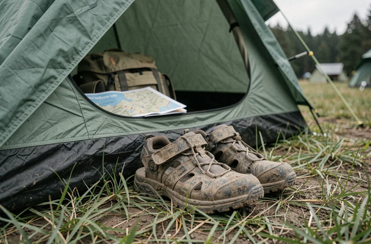 Sandales et chaussures de camping sales posées devant une tente lors d'un séjour en plein air