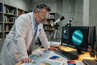 Scientifique analysant des données sur les planètes habitables dans un laboratoire d'astrophysique