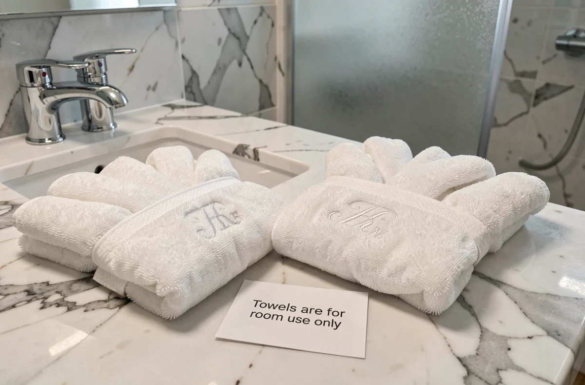 Serviettes d'hôtel pliées sur un comptoir en marbre avec une carte de politique d'utilisation en salle de bain d'hôtel boutique