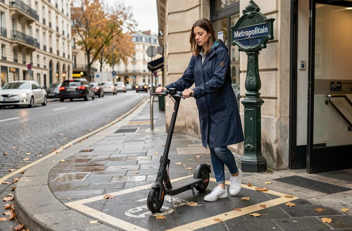Femme garant une trottinette électrique dans une zone de stationnement dédiée à Paris près d'un métro