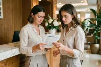 Femme à la réception d'un hôtel examinant une facture avec supplément de chambre individuelle