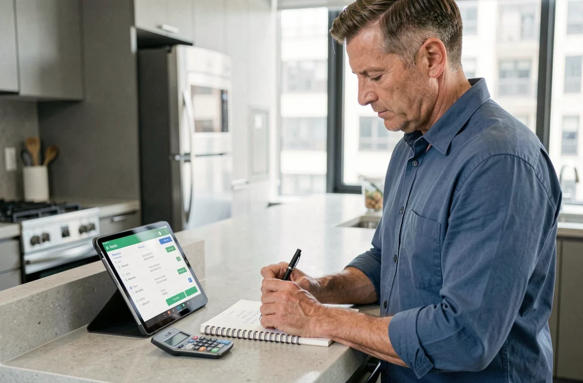 Homme calculant le tarif d'hébergement par personne et par nuit sur une tablette