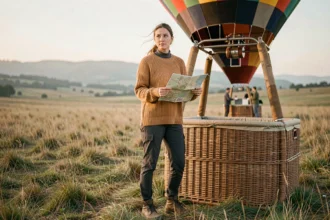 Femme habillée en couches chaleureuses près d'une montgolfière dans un champ de campagne à l'aube