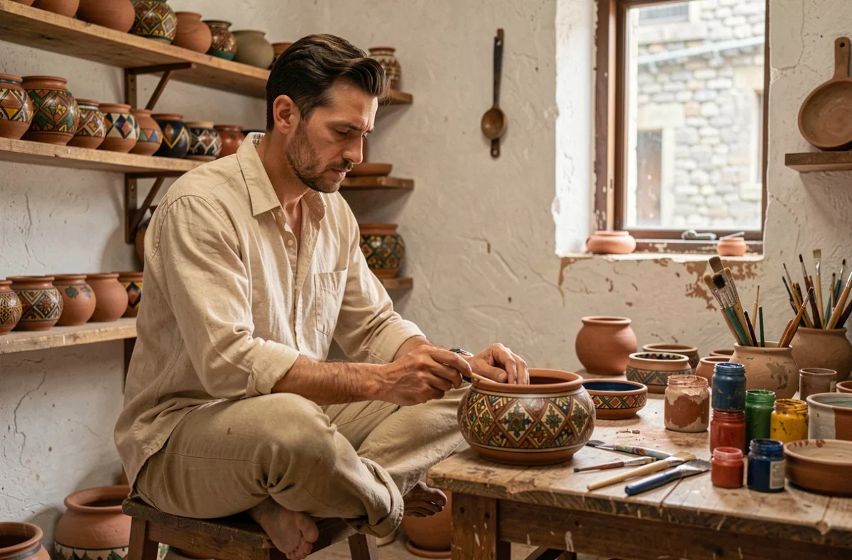 Touriste observant un artisan local peindre des céramiques traditionnelles dans un atelier artisanal lors d'une immersion culturelle