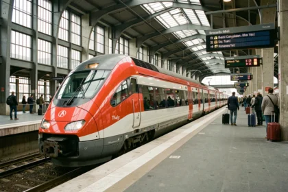 Train Thalys rouge en gare de Bruxelles-Midi avec des voyageurs sur le quai