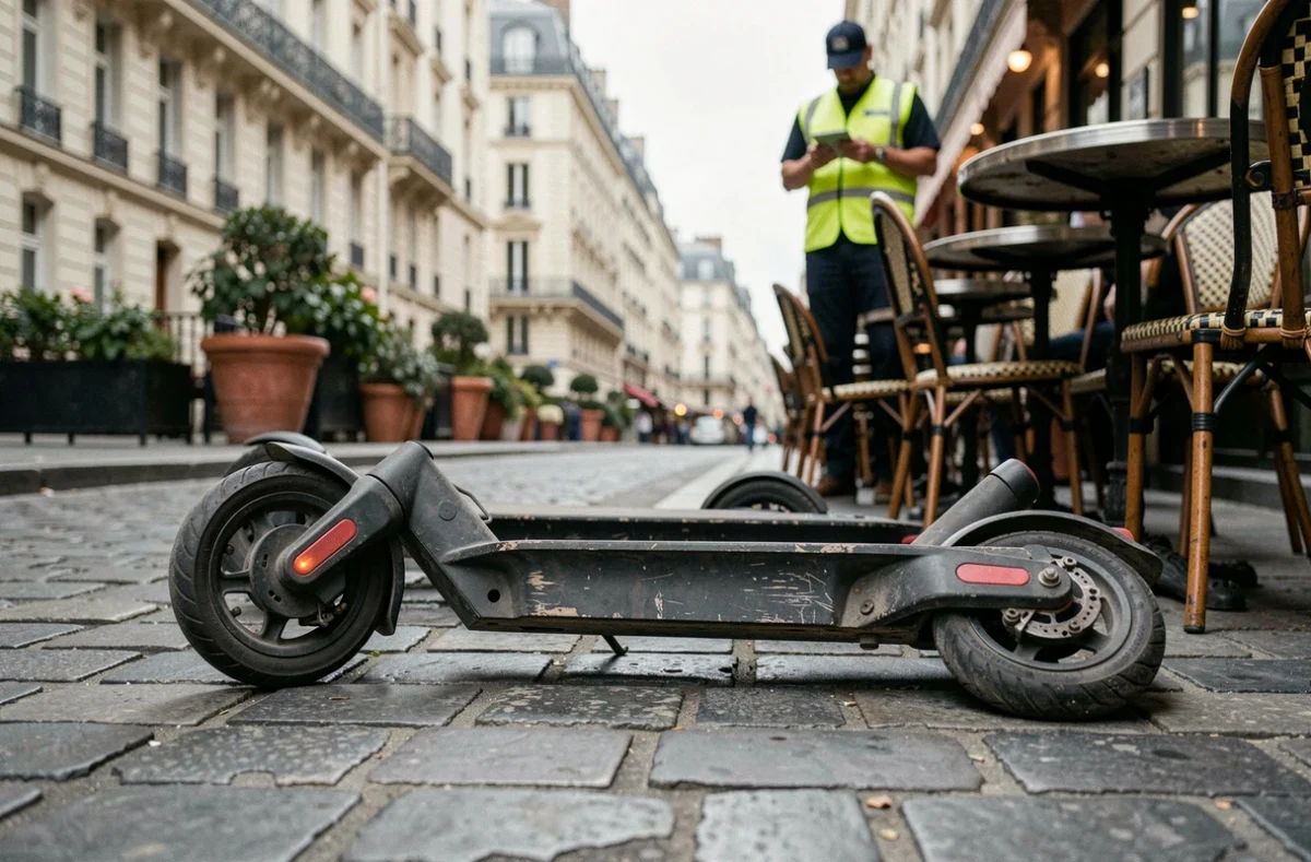 Trottinettes électriques abandonnées sur un trottoir parisien avec un agent de contrôle municipal en arrière-plan
