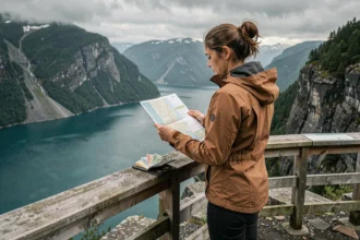 Femme consultant une carte touristique avec un portefeuille ouvert devant un fjord norvégien, illustrant le coût des vacances en Norvège