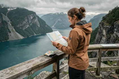 Femme consultant une carte touristique avec un portefeuille ouvert devant un fjord norvégien, illustrant le coût des vacances en Norvège