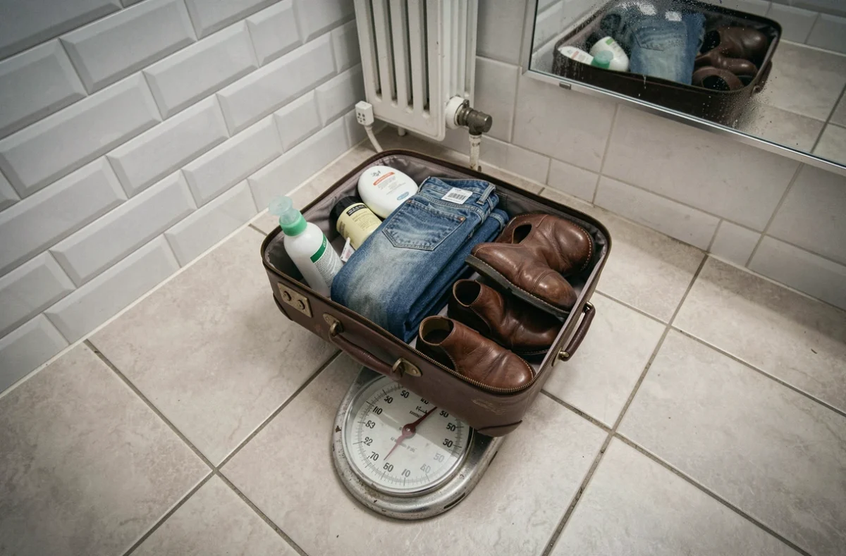 Valise posée sur une balance de salle de bain pour peser les affaires avant un voyage