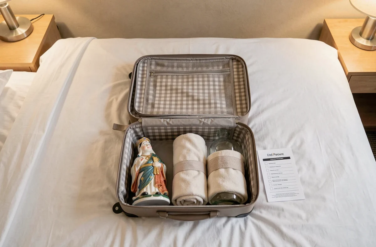 Valise ouverte avec objets fragiles emballés dans des vêtements posée sur un lit d'hôtel