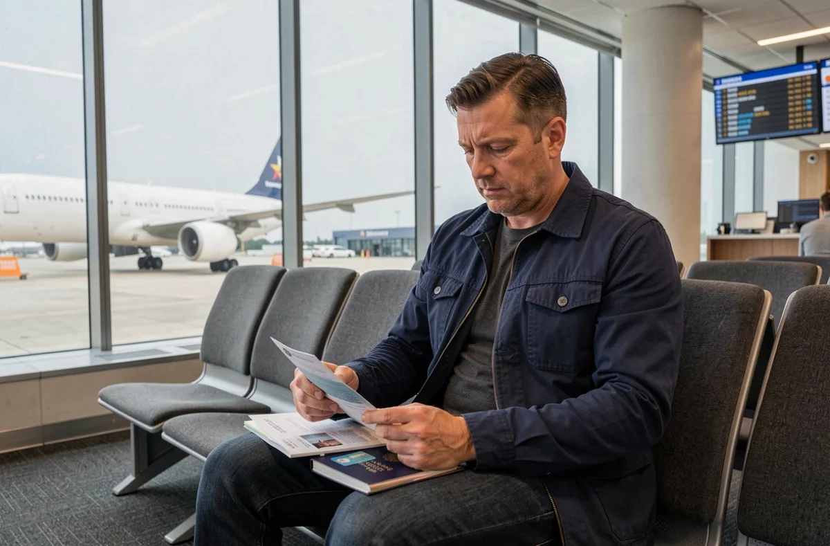 Homme vérifiant ses documents de voyage dans un salon d'attente d'aéroport avant l'embarquement
