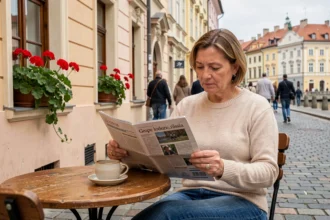 Femme slovène prenant un café en terrasse dans la vieille ville de Ljubljana, illustrant la qualité de vie agréable en Slovénie