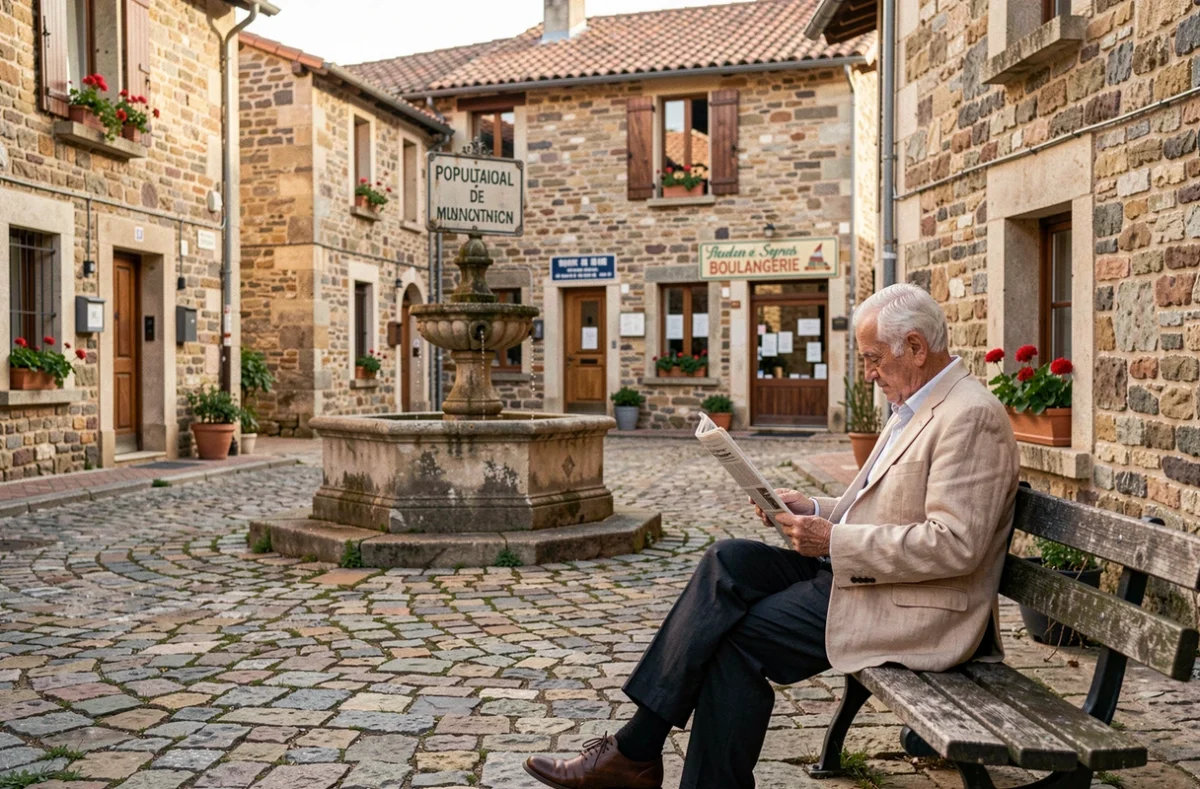 Village désert de Lozère avec un homme âgé assis sur un banc, illustrant la faible densité de population du département