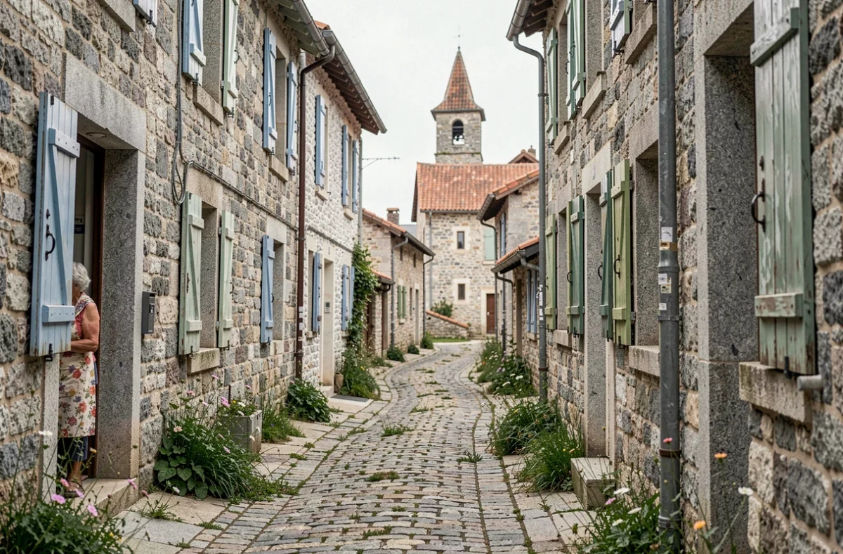 Ruelle pittoresque en pierre d'un village isolé de Lozère, département le moins peuplé de France métropolitaine