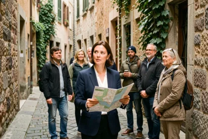 Guide touristique féminine menant un groupe de visiteurs dans une ruelle pavée d'une vieille ville européenne