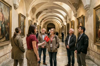 Guide touristique en musée expliquant des œuvres à un groupe de visiteurs dans un couloir historique