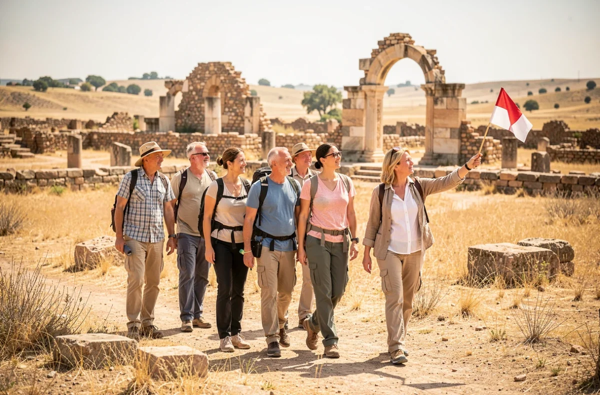 Groupe de touristes en visite guidée sur un site archéologique avec des ruines anciennes en plein air
