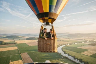 Couple en montgolfière au-dessus d'un paysage de campagne verdoyante au lever du soleil