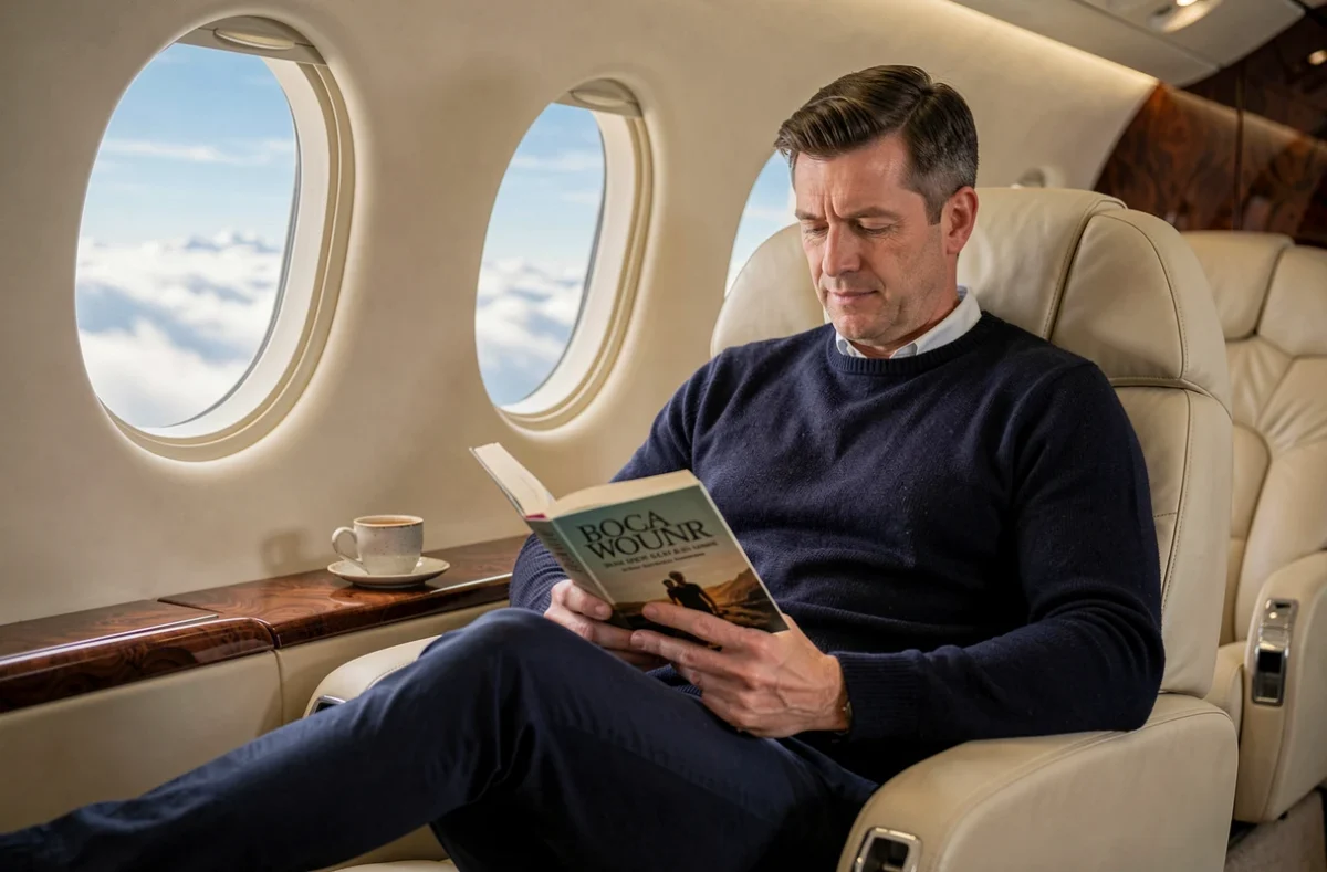 Homme lisant dans un siège en cuir d'un avion privé en classe affaires, symbole du voyage de luxe haut de gamme