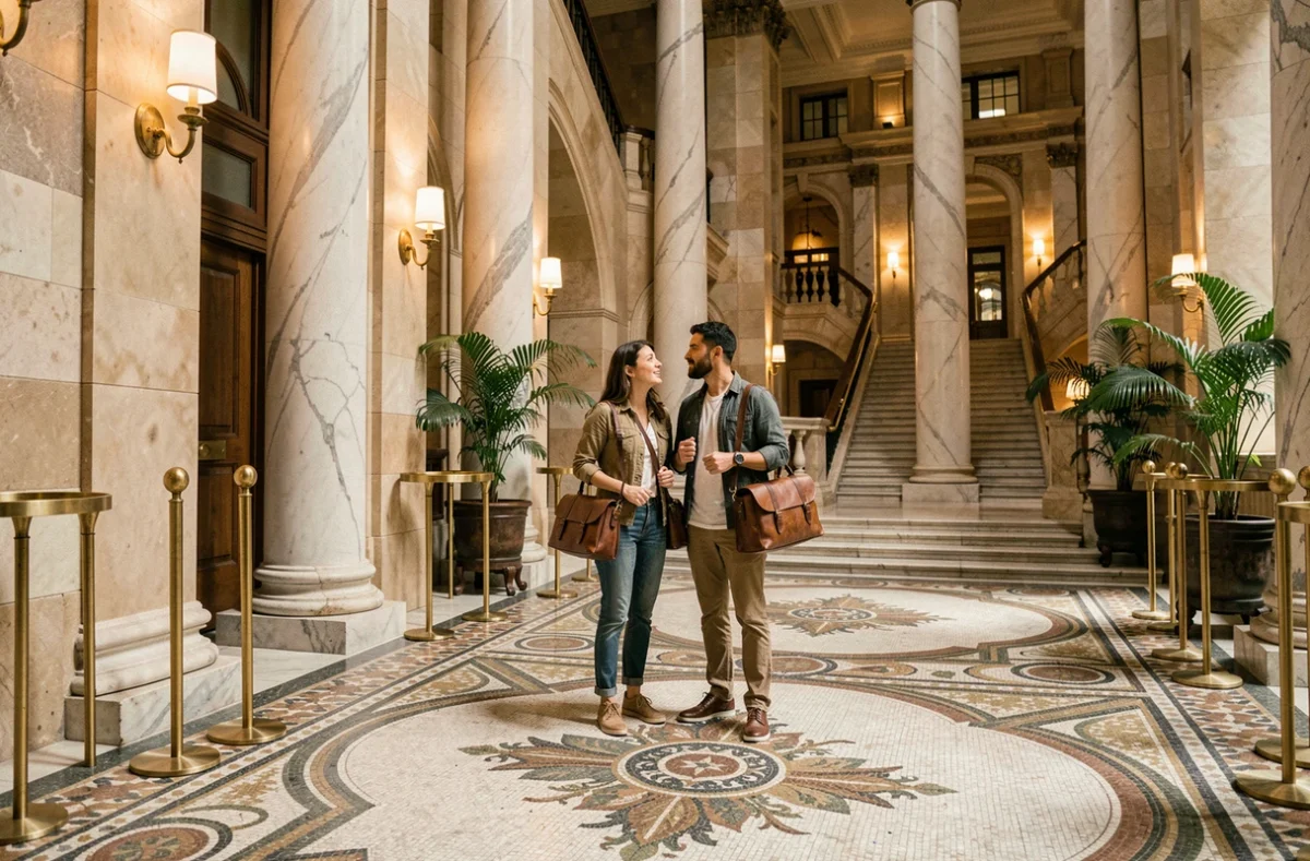 Couple admirant le hall majestueux d'un hôtel de luxe cinq étoiles avec colonnes en marbre et mosaïques au sol, voyage haut de gamme