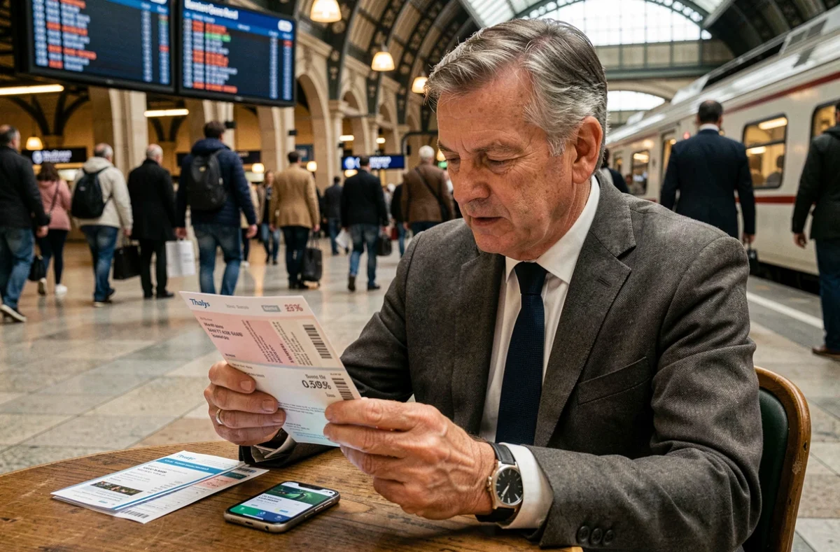 Homme d'affaires consultant le prix élevé d'un billet Thalys sur son smartphone en gare