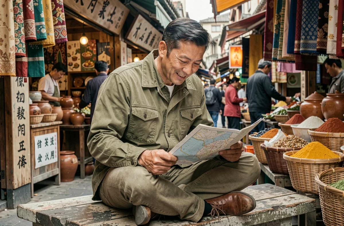 Voyageur masculin consultant une carte papier dans un marché asiatique animé, illustrant la planification d'un tour du monde