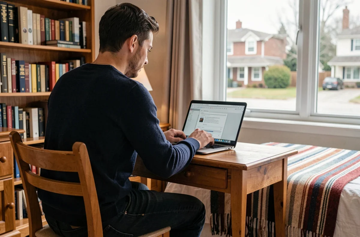 Voyageur travaillant sur son ordinateur dans une chambre chez l'habitant chaleureuse avec bureau en bois