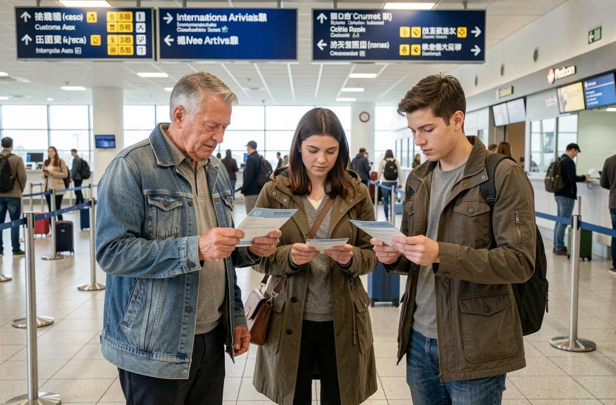 Voyageurs international consultant leurs formulaires de déclaration en douane à l'aéroport