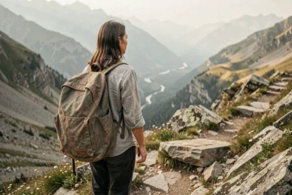 Voyageuse contemplant un panorama de montagne, exprimant les valeurs de liberté et de découverte personnelle