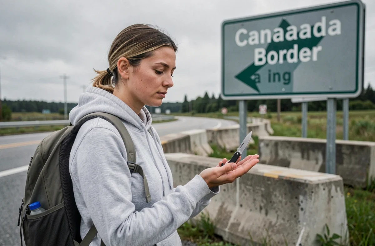 Femme voyageuse tenant un couteau de poche devant un poste frontière canadien