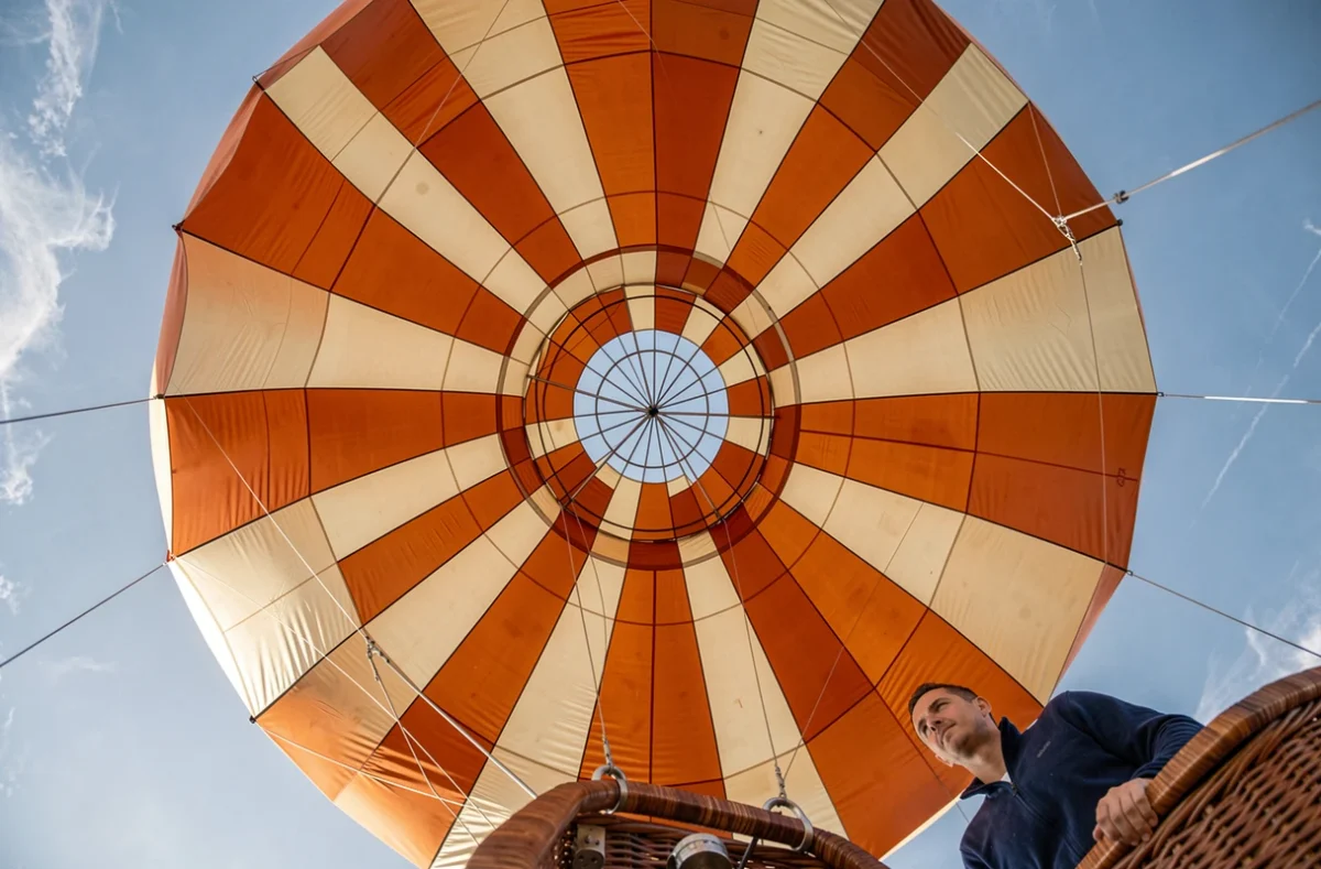 Vue depuis le bas de l'intérieur d'une montgolfière en plein vol avec l'enveloppe colorée et le ciel bleu