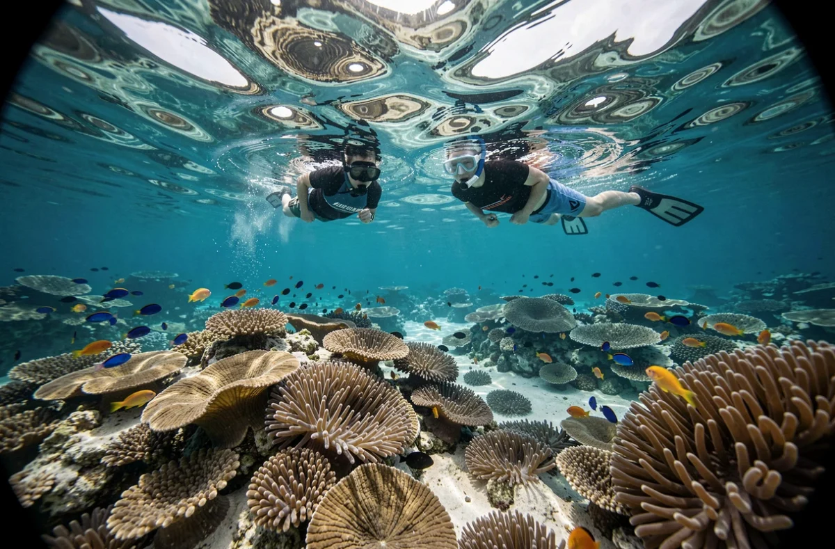 Vue sous-marine de plongeurs avec tuba à la surface de la Grande Barrière de Corail, récif corallien coloré visible en dessous en avril